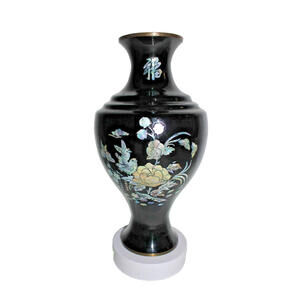 Vintage Black Lacquer Vase with Mother of Pearl Floral Bird Inlay 14" T  X 8" W